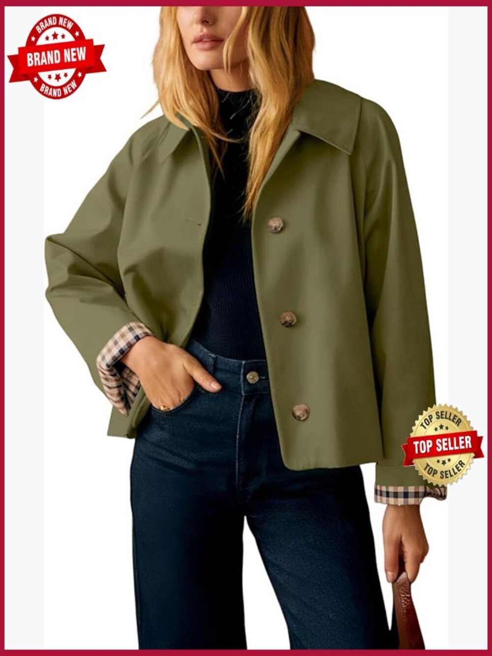 Short Trench Jacket Plaid Lining Lightweight Casual